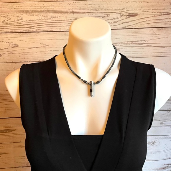 Hematite and Snowflake Obsidian Point Necklace - Picture 2 of 2